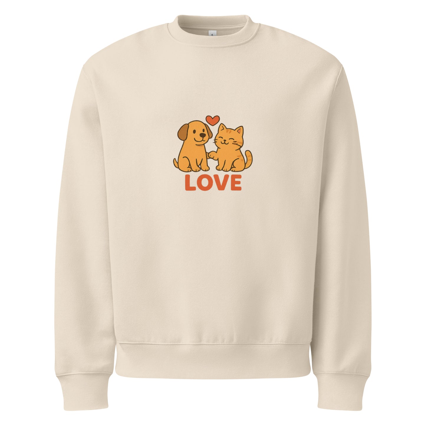 Beige sweatshirt with a dog and cat illustration and 'LOVE' text on a white background