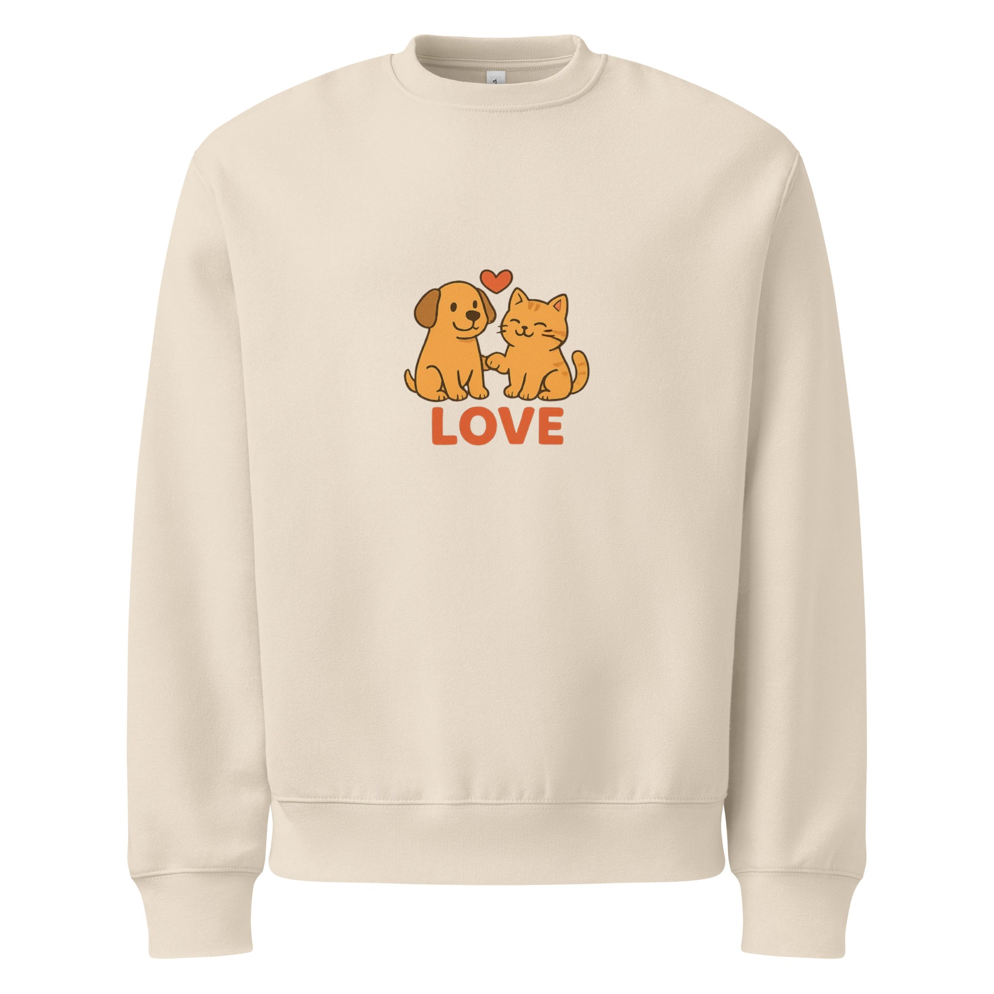 Beige sweatshirt with a dog and cat illustration and 'LOVE' text on a white background