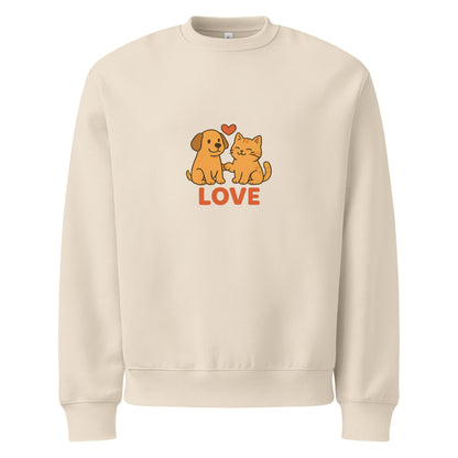 Beige sweatshirt with a dog and cat illustration and 'LOVE' text on a white background