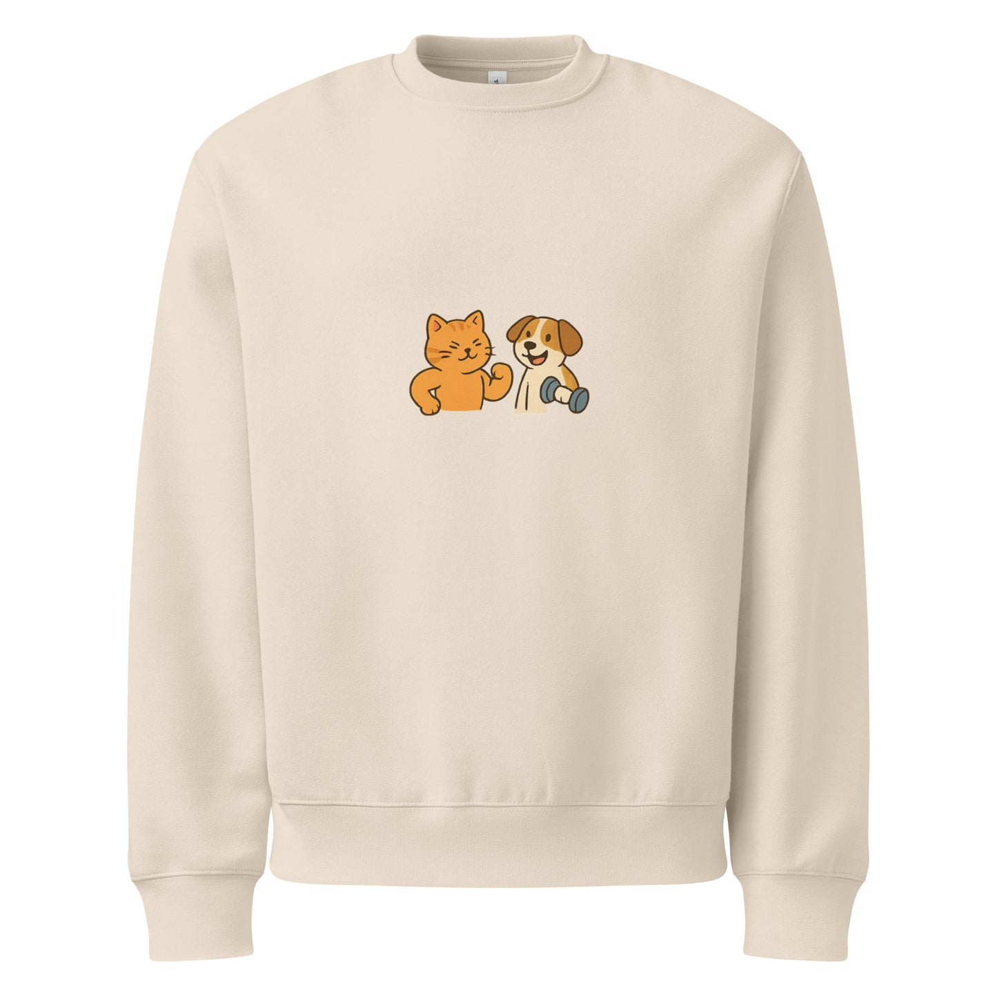 Beige sweatshirt with a cat and dog graphic on a white background