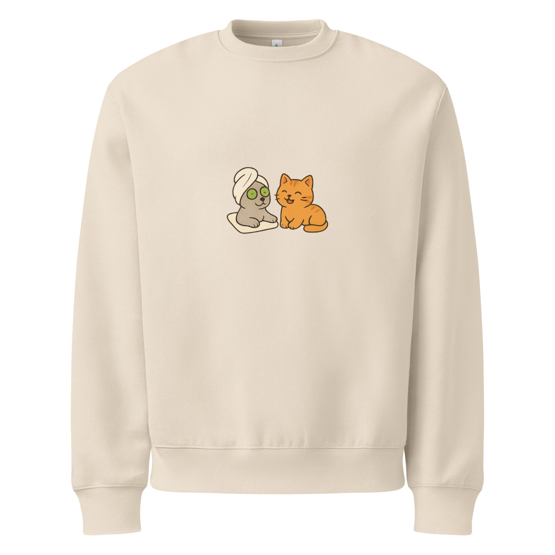 Beige sweatshirt with cartoon characters on a white background
