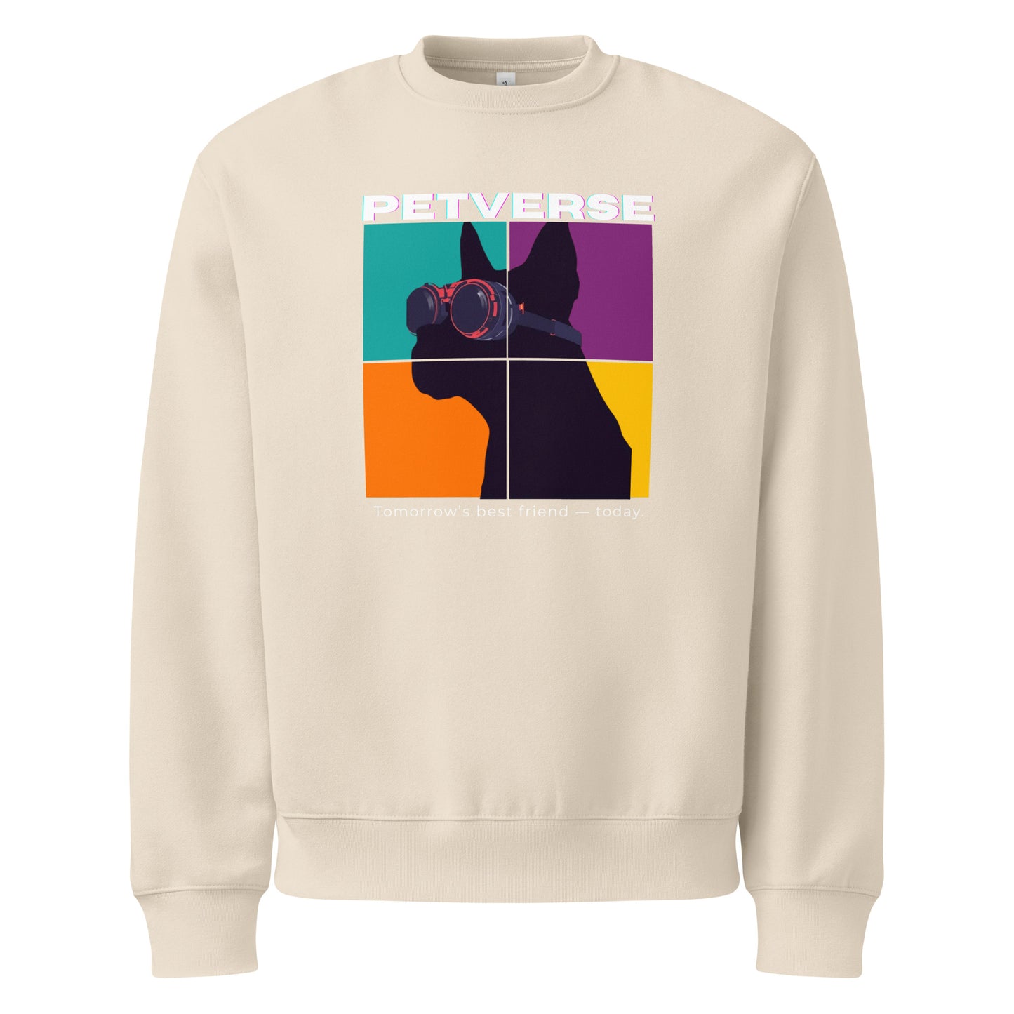 Beige sweatshirt with a colorful graphic of a dog and the word 'PETVERSE' on a white background