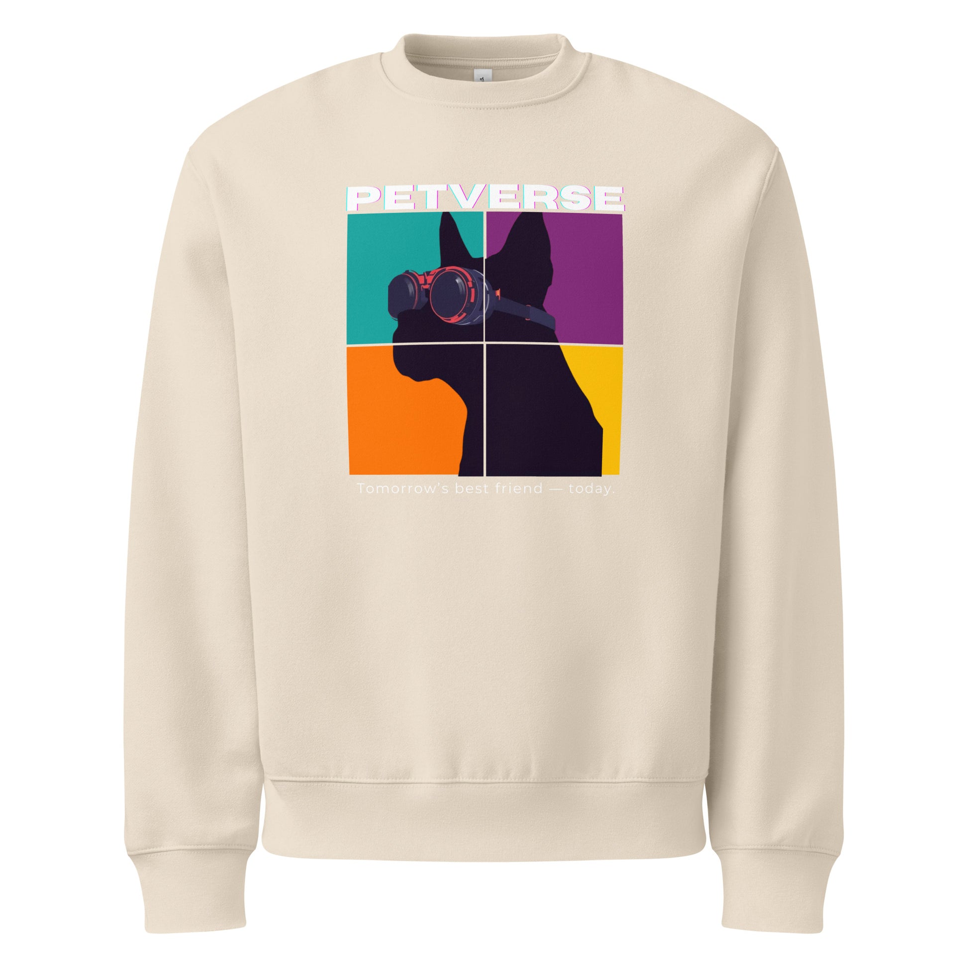 Beige sweatshirt with a colorful graphic of a dog and the word 'PETVERSE' on a white background