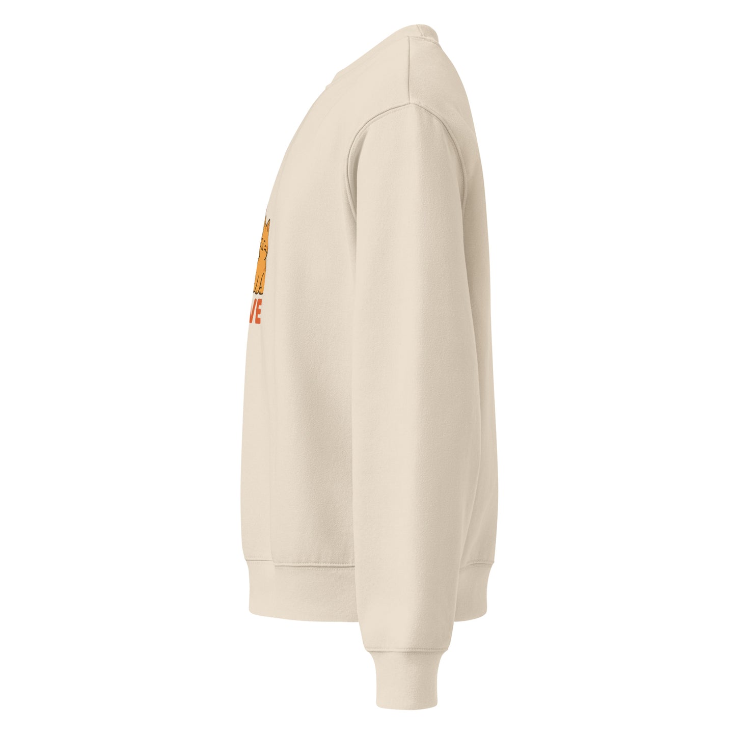Beige hoodie with a logo on the sleeve against a white background