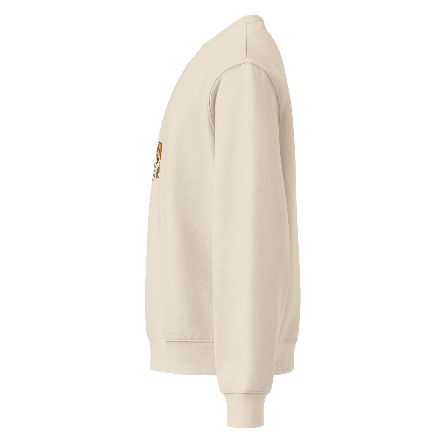 Beige hoodie with a small logo on the chest against a white background