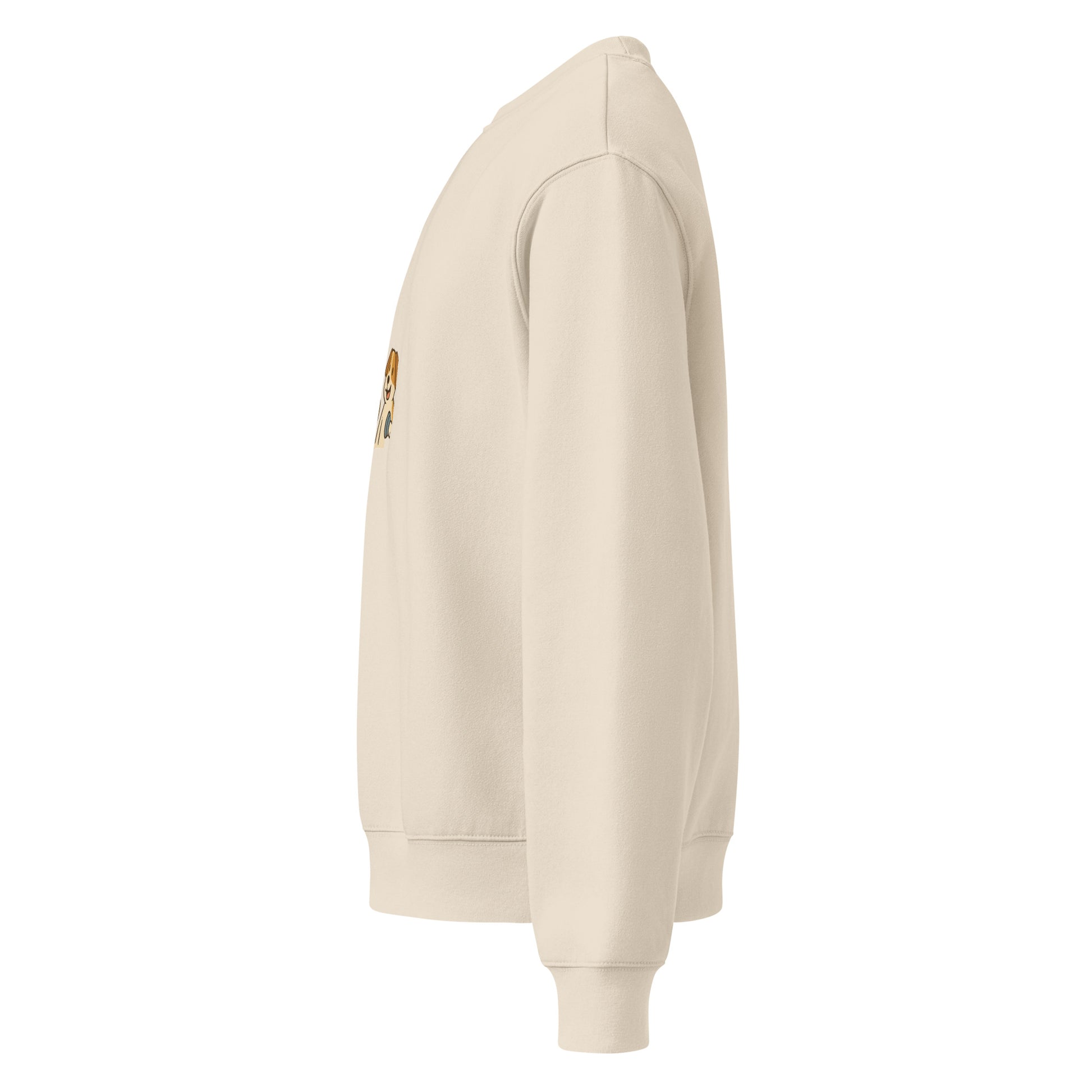 Beige hoodie with a small logo on the chest against a white background