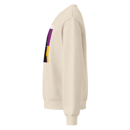 Beige hoodie with colorful side panels on a white background