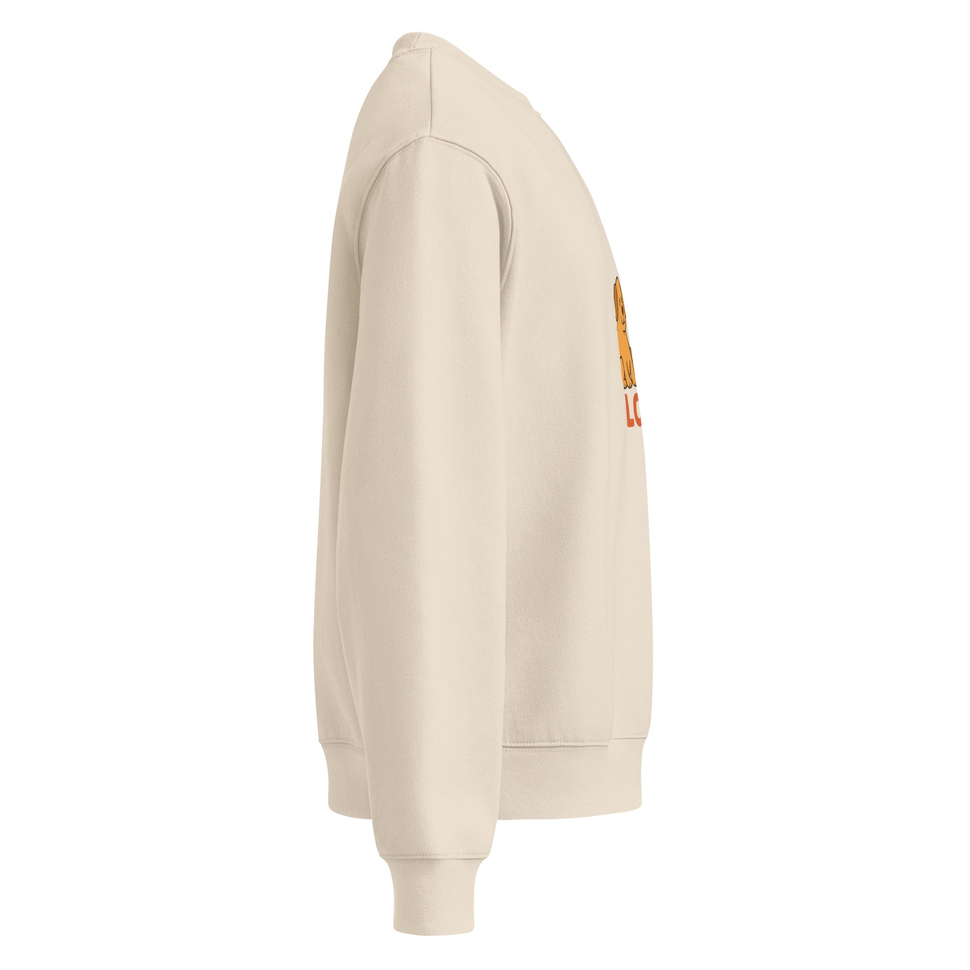 Beige hoodie with a small logo on the sleeve against a white background