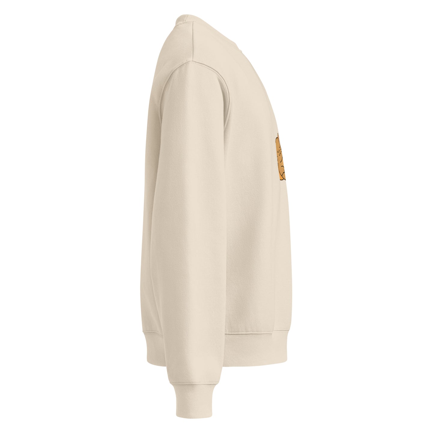 Beige hoodie with a patch on the sleeve against a white background
