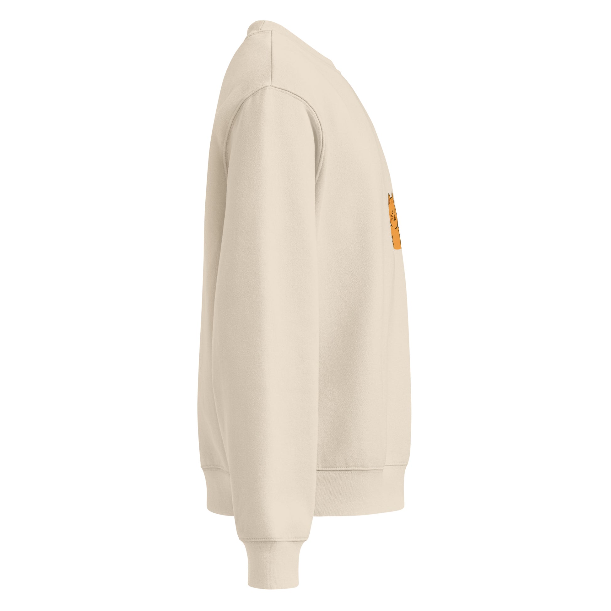 Beige hoodie with a small patch on the sleeve against a white background