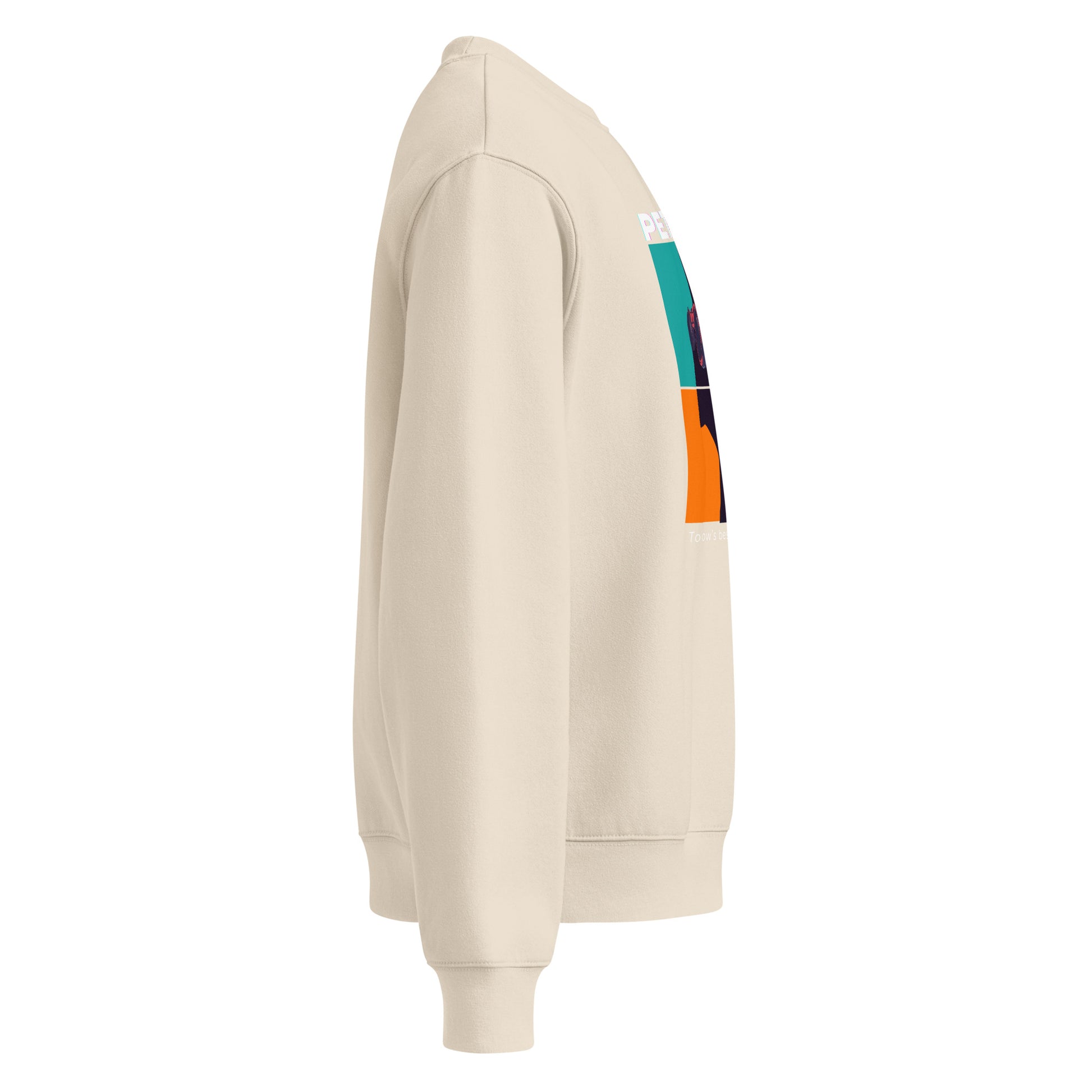 Beige hoodie with colorful stripe on sleeve against a white background