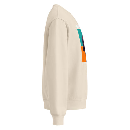 Beige hoodie with colorful stripe on sleeve against a white background