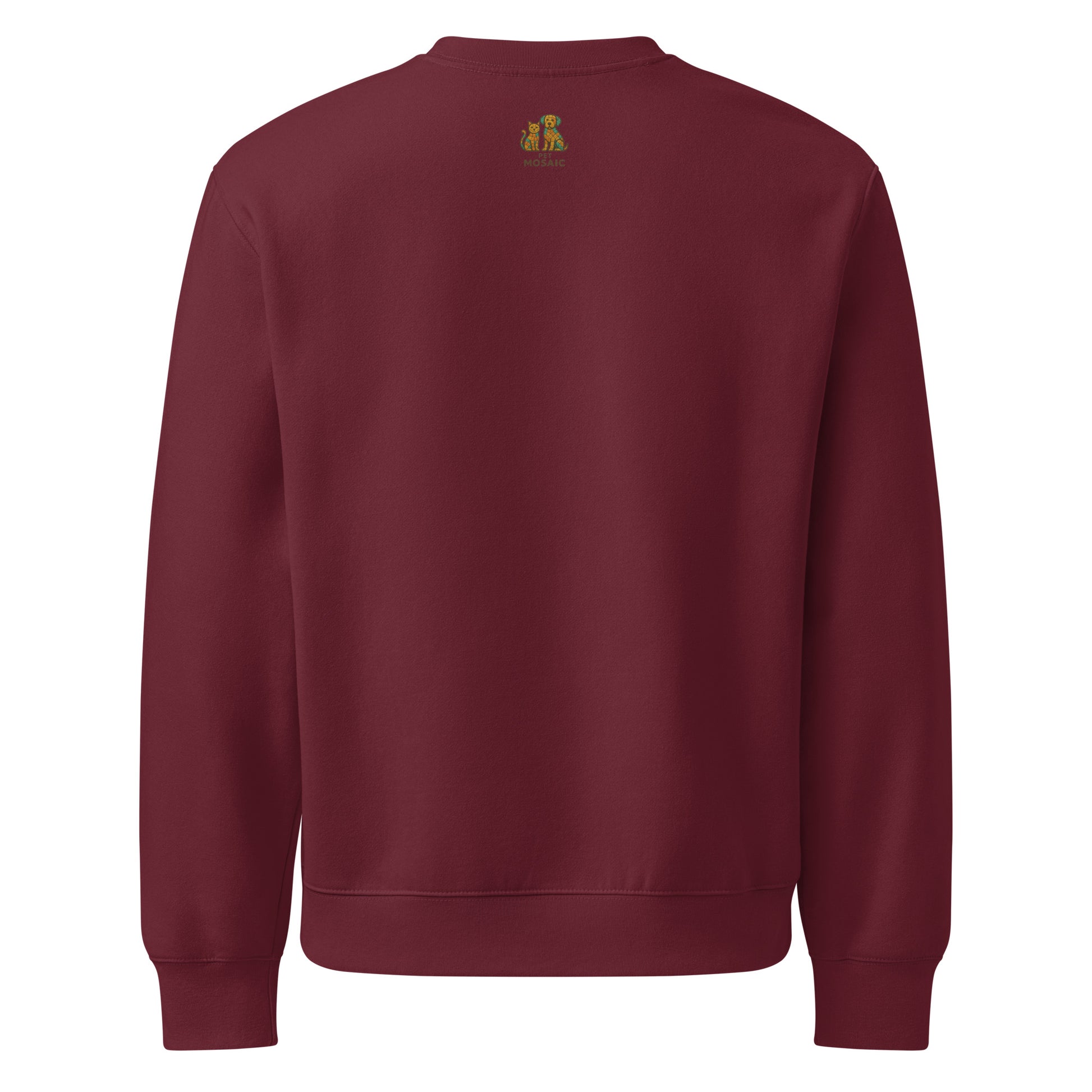 Maroon sweatshirt with a small logo on the back against a white background