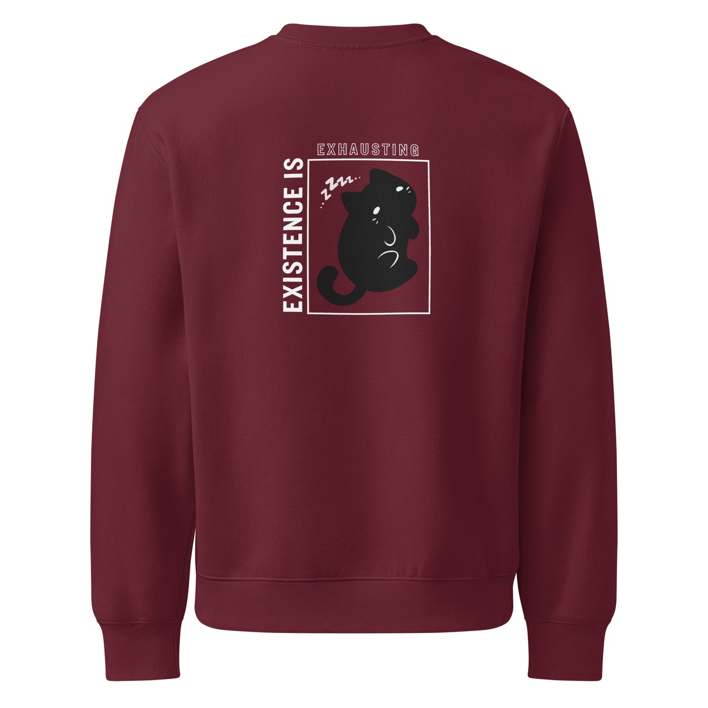 Maroon sweatshirt with a black cat graphic and text on the back against a white background