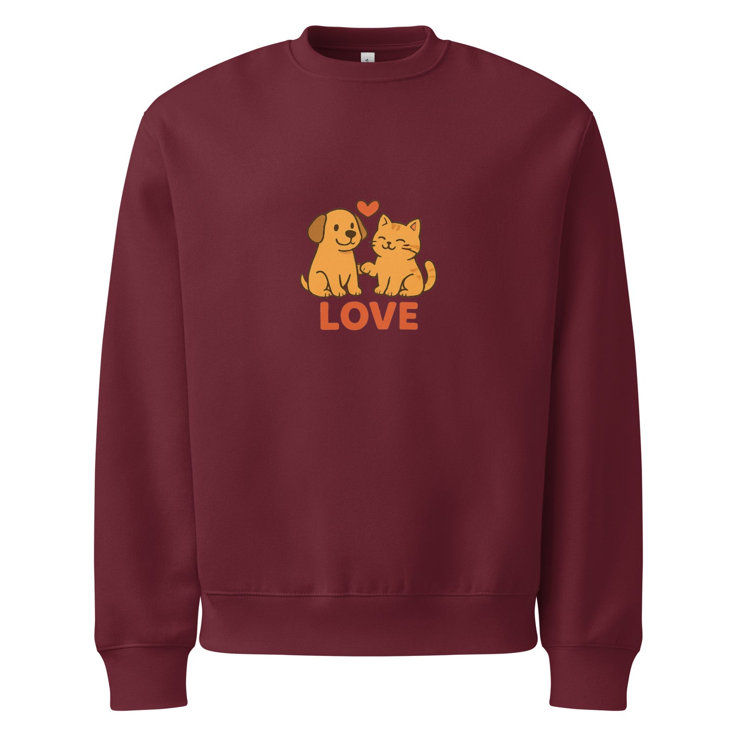 Maroon sweatshirt with a dog and cat illustration and 'LOVE' text on a white background