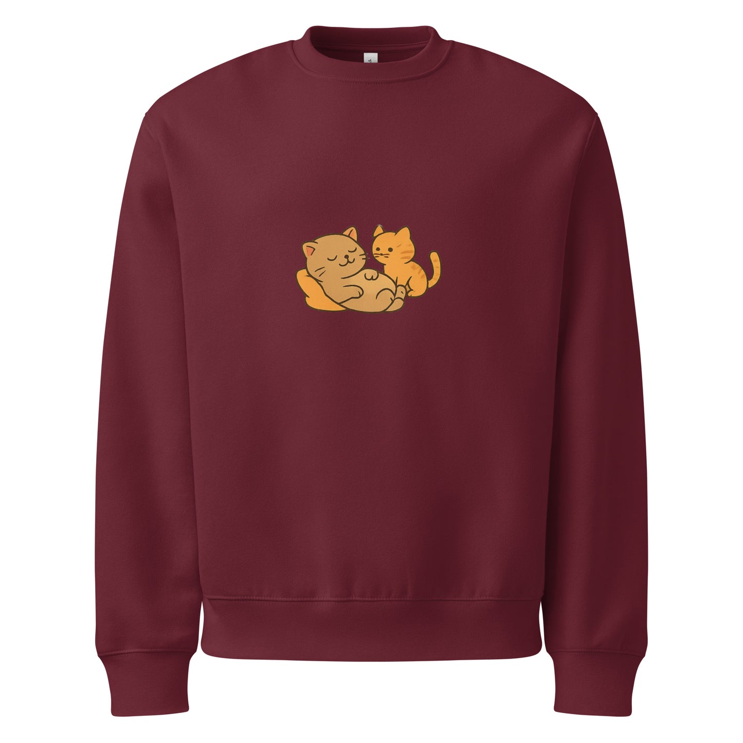 Maroon sweatshirt with a graphic of two cats on a white background