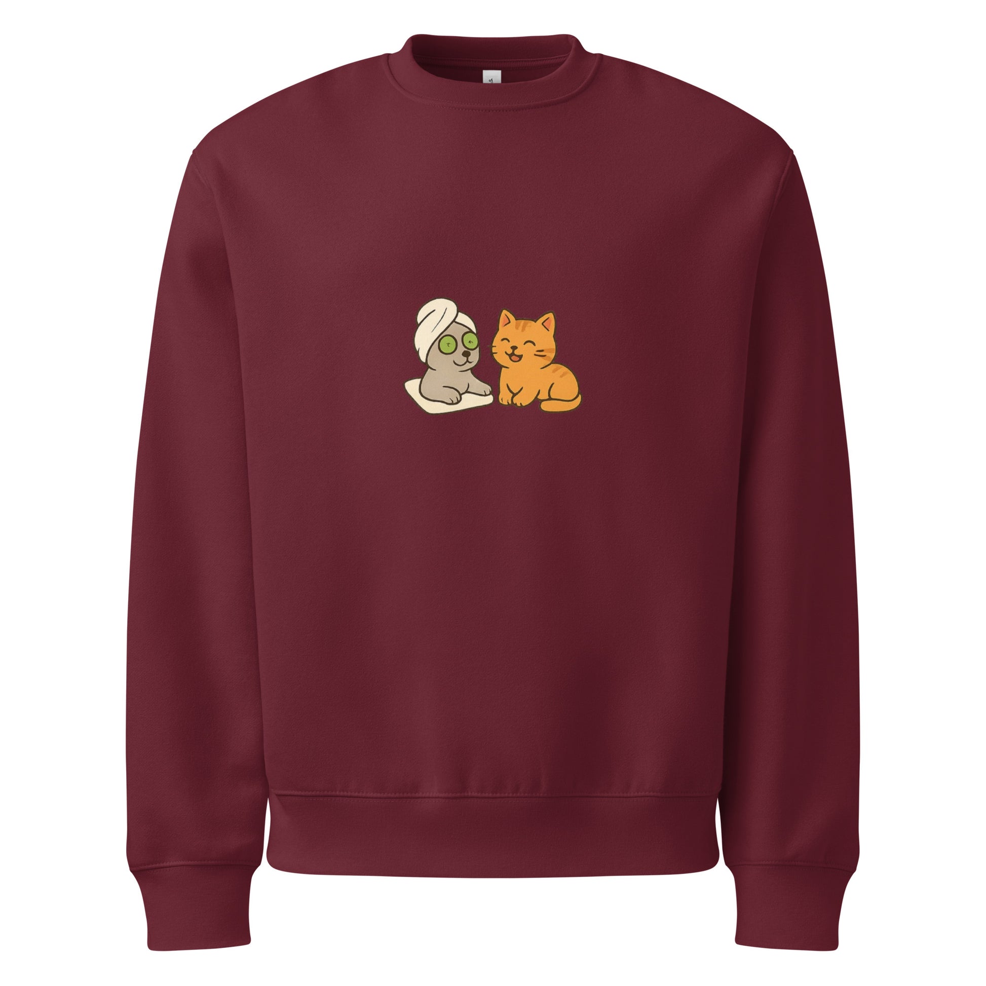 Maroon sweatshirt with cartoon characters on a white background