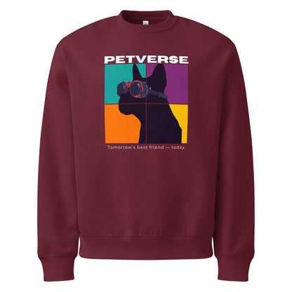 Maroon sweatshirt with a graphic of a dog and 'Petverse' text on a white background