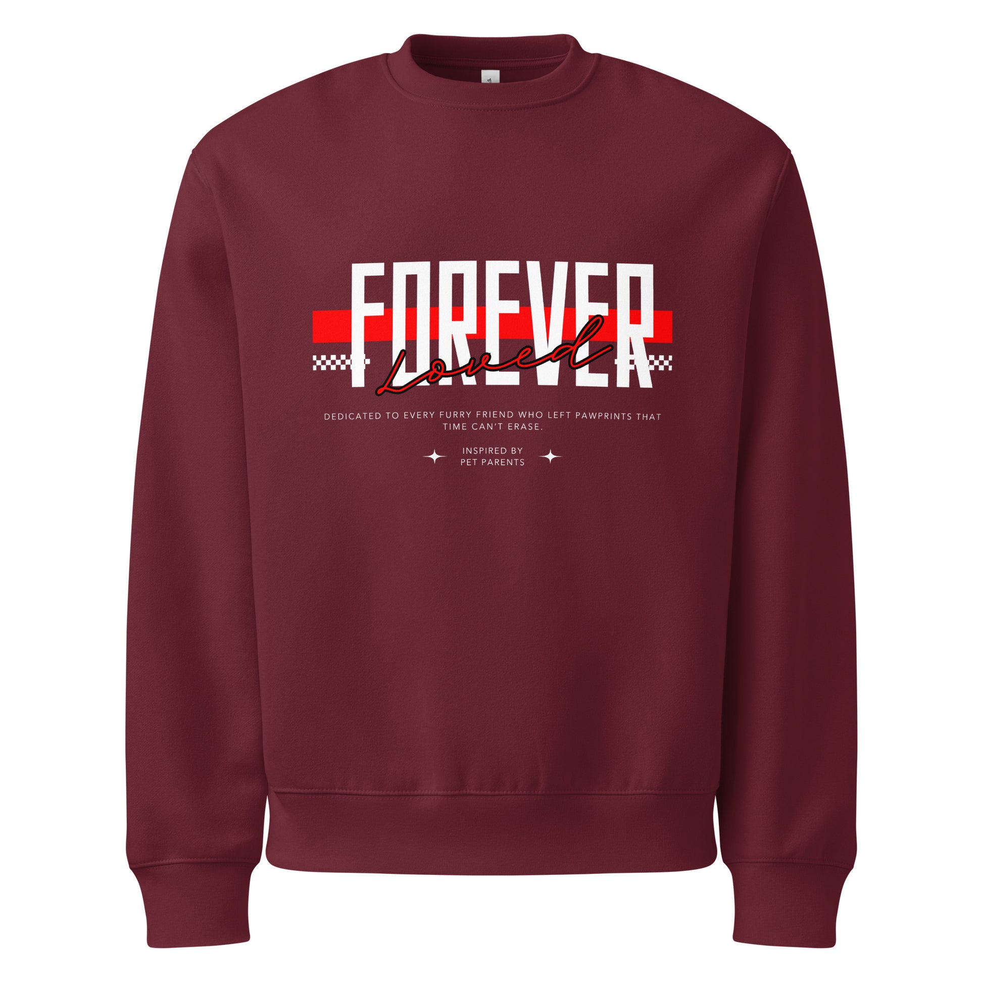 Maroon sweatshirt with 'Forever Love' graphic design on a white background