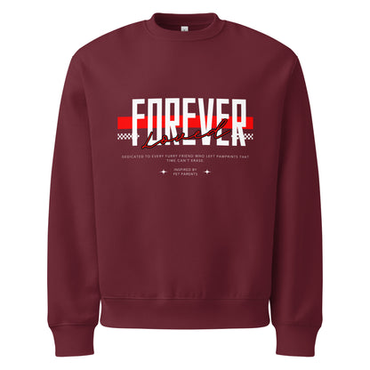Maroon sweatshirt with 'Forever Love' graphic design on a white background