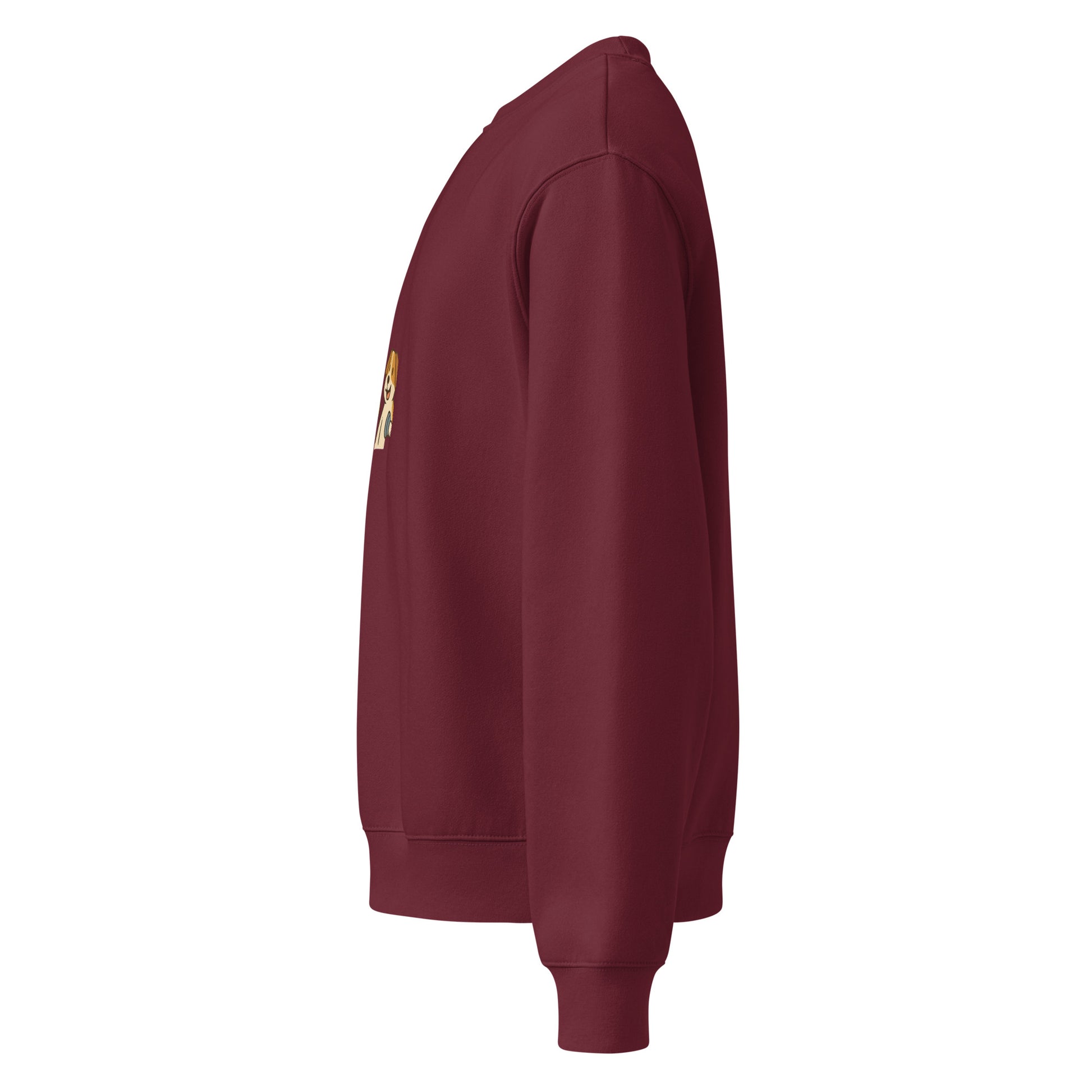 Maroon sweatshirt with a patch on the sleeve against a white background