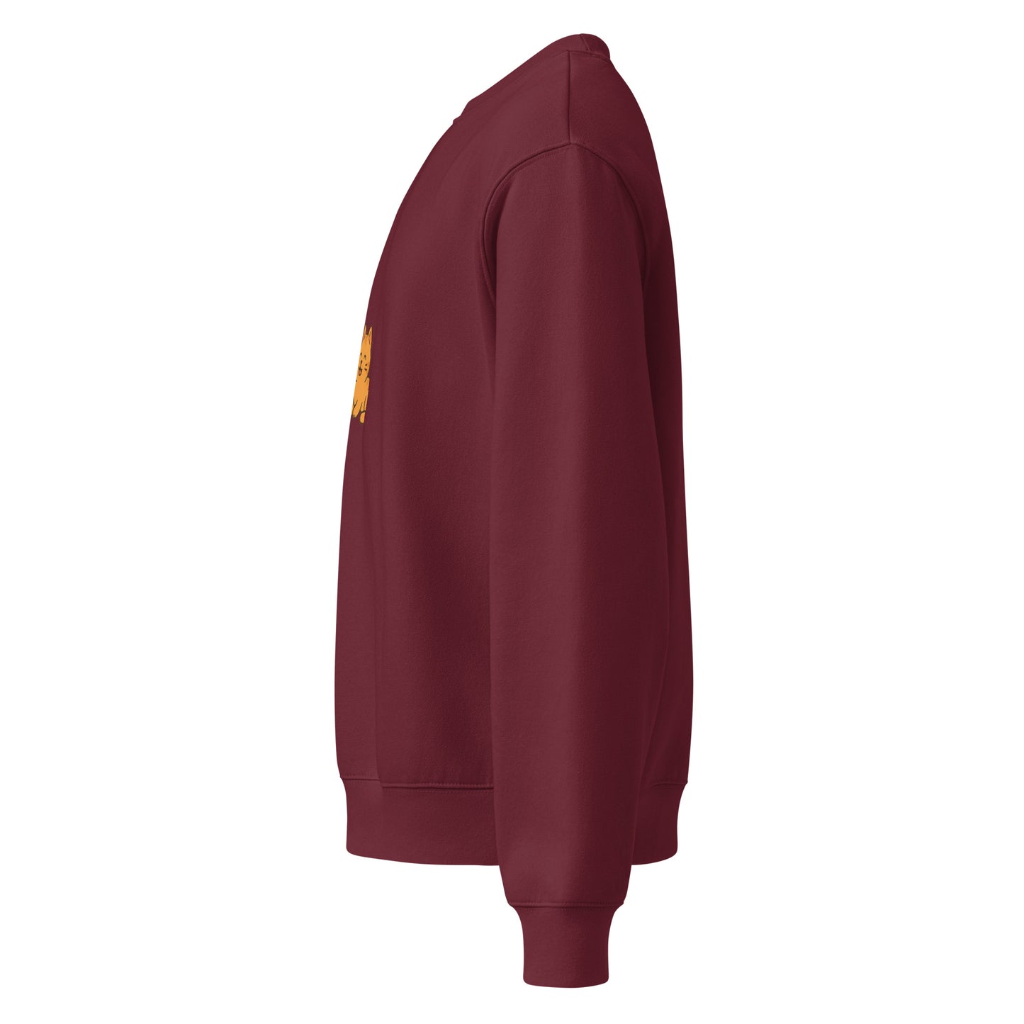 Maroon sweatshirt with a logo on the chest against a white background