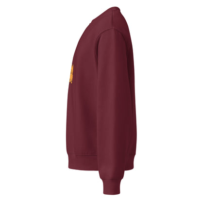 Maroon sweatshirt with a logo on the chest against a white background
