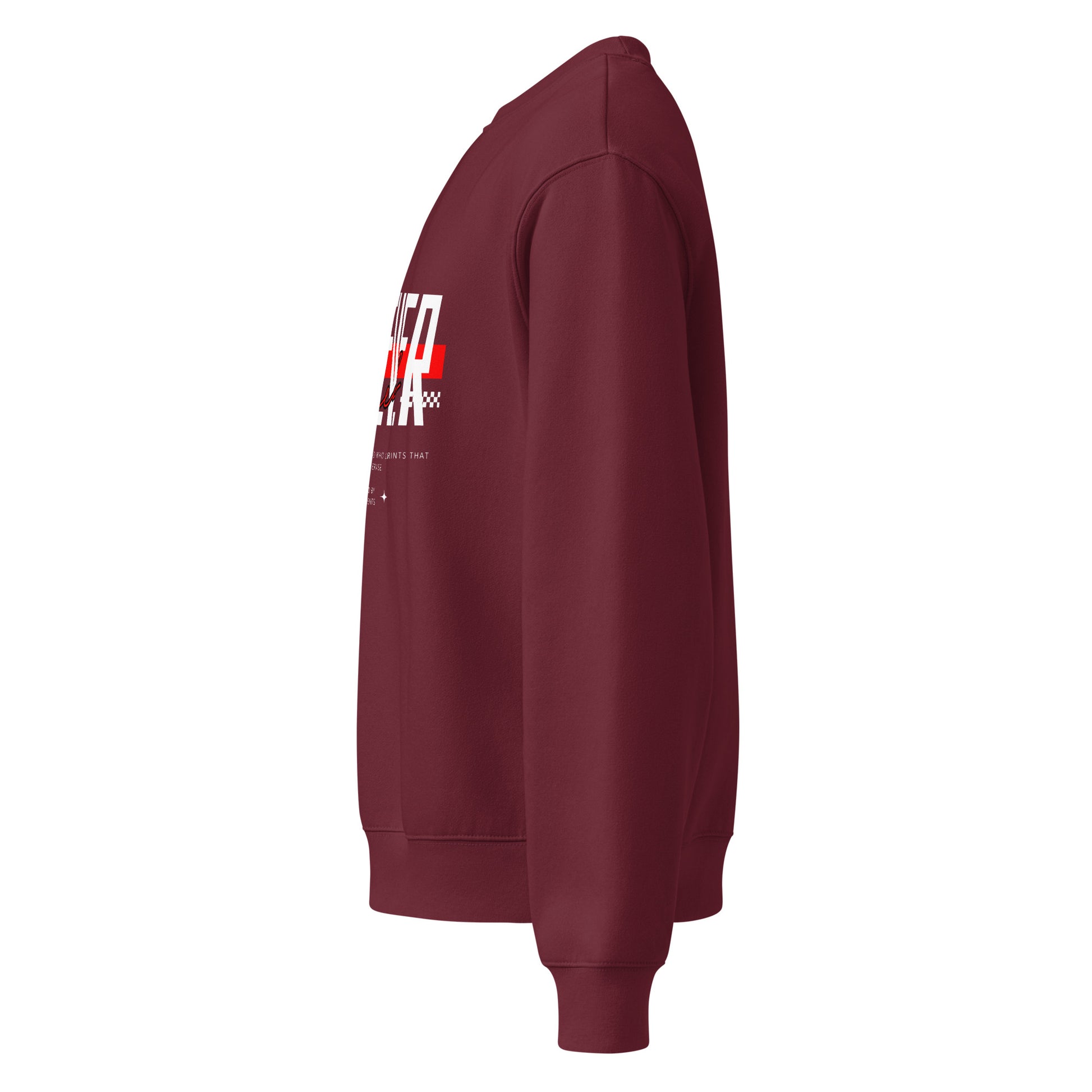 Maroon sweatshirt with a logo on the sleeve against a white background