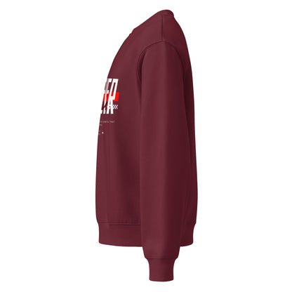 Maroon sweatshirt with a logo on the sleeve against a white background