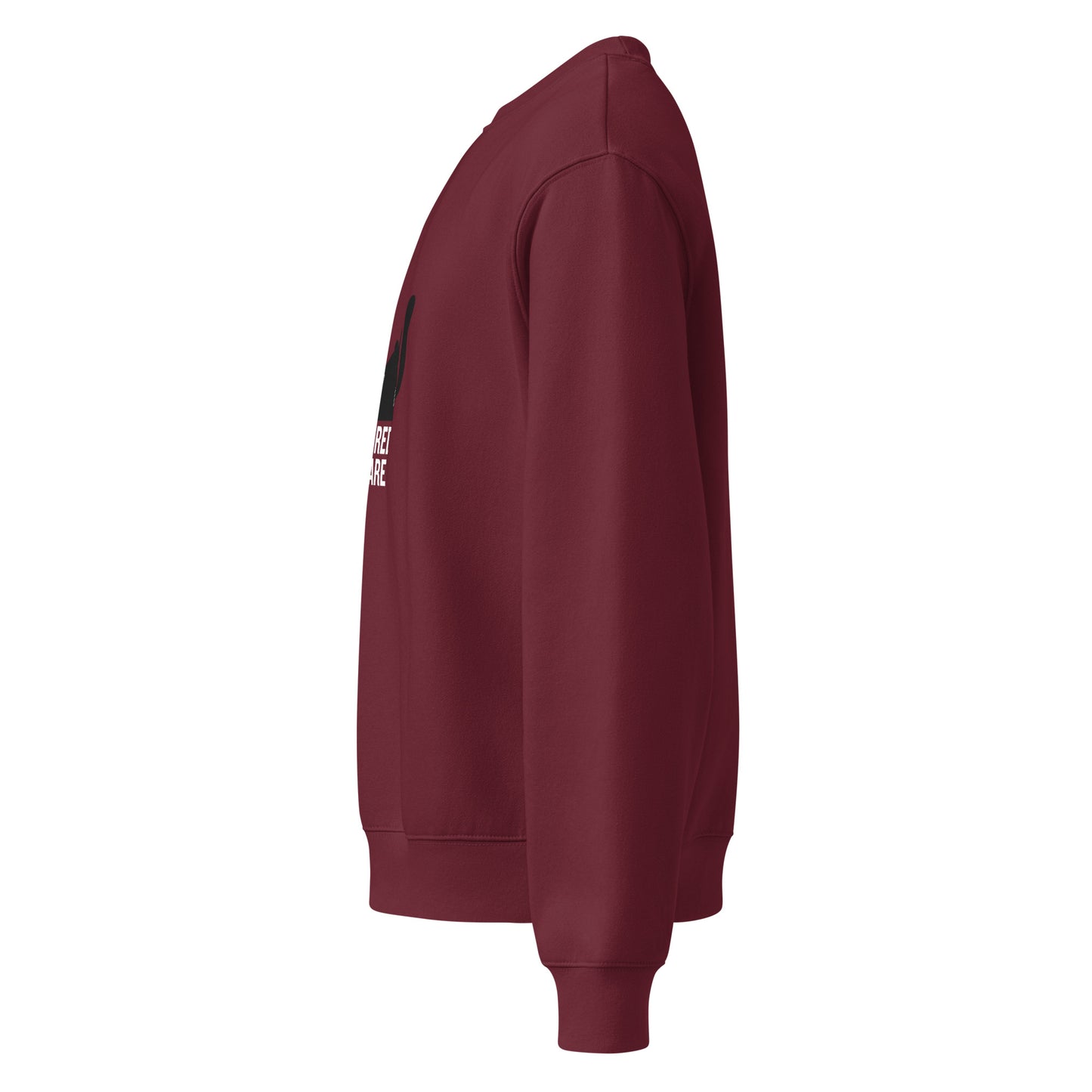 Maroon sweatshirt with a logo on the sleeve against a white background