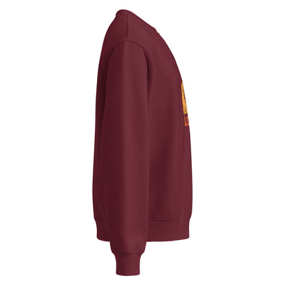 Maroon sweatshirt with a logo on the sleeve against a white background