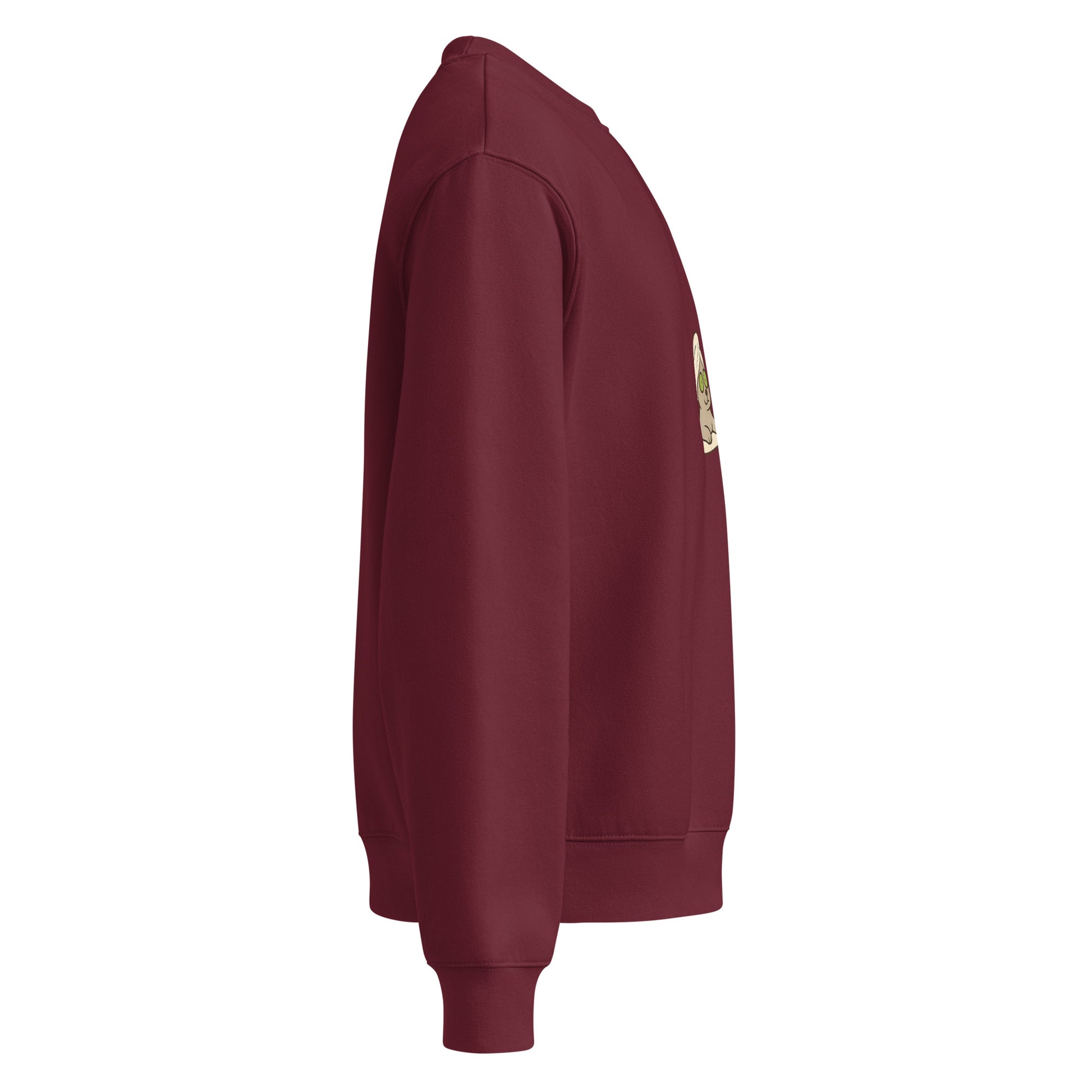 Maroon sweatshirt with a small logo on the chest against a white background