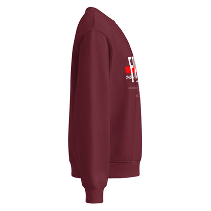 Maroon sweatshirt with a logo on the sleeve against a white background