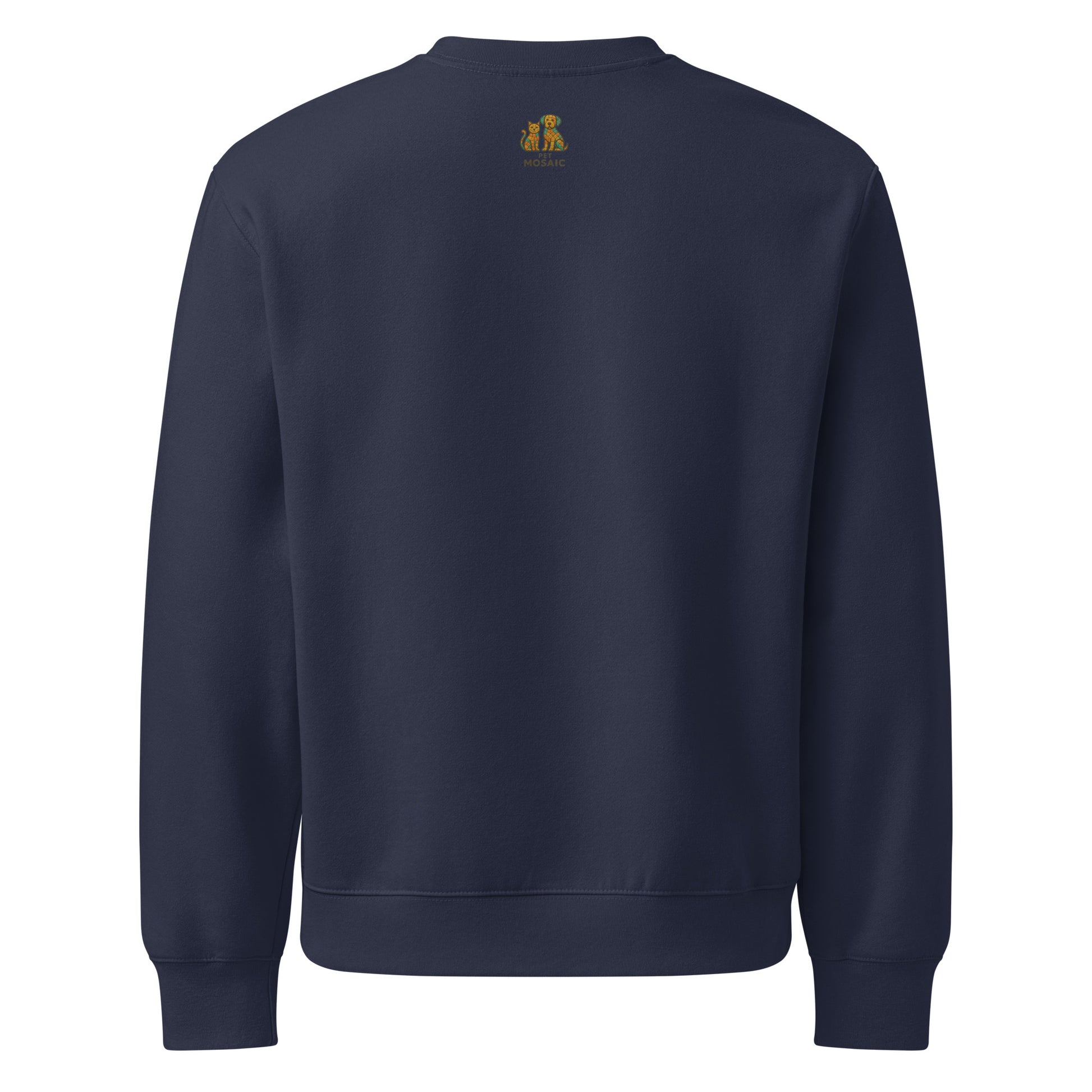 Navy blue sweatshirt with a small logo on the back against a white background