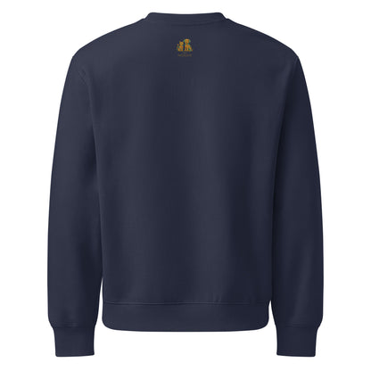 Navy blue sweatshirt with a small logo on the back against a white background