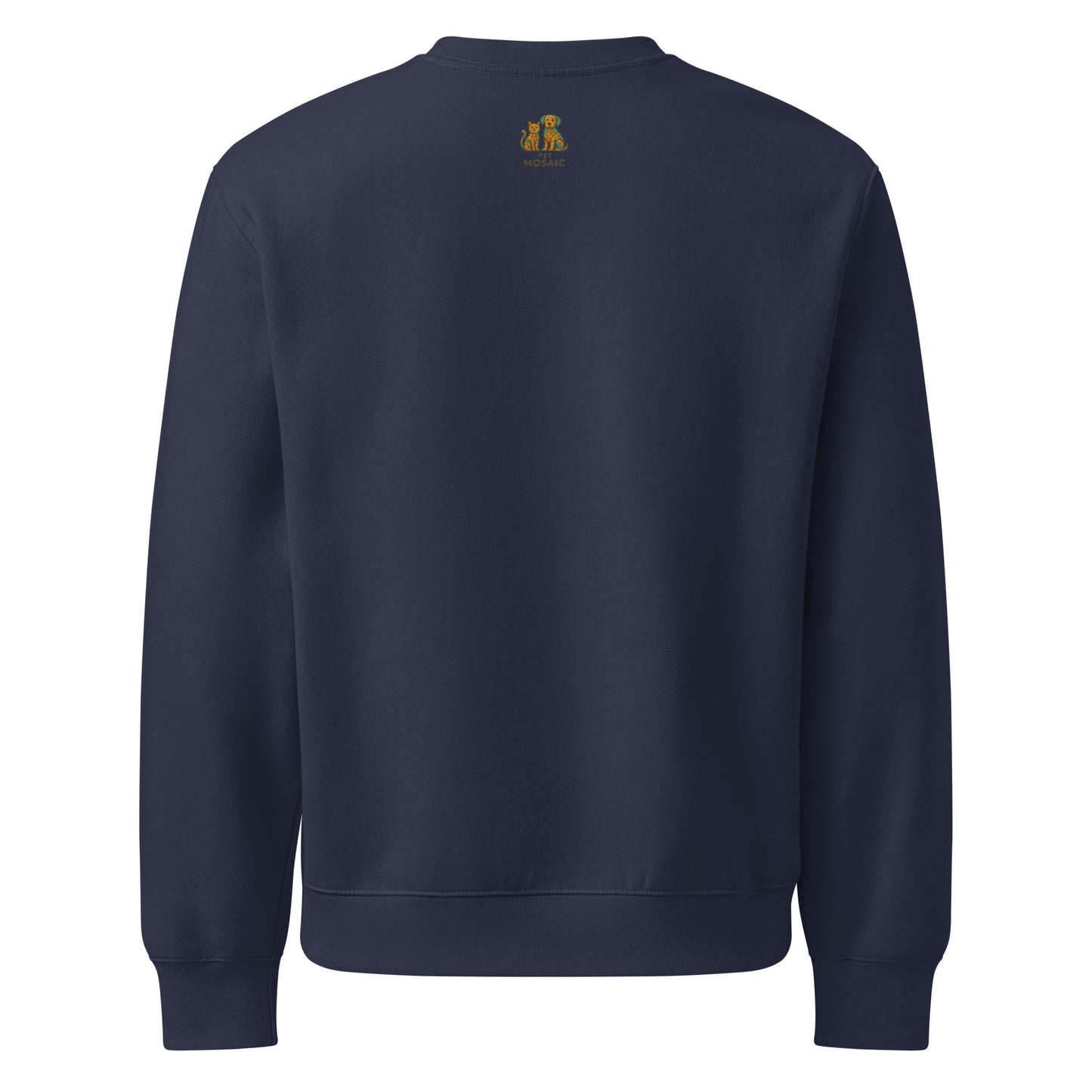 Navy blue sweatshirt with a small logo on the back against a white background