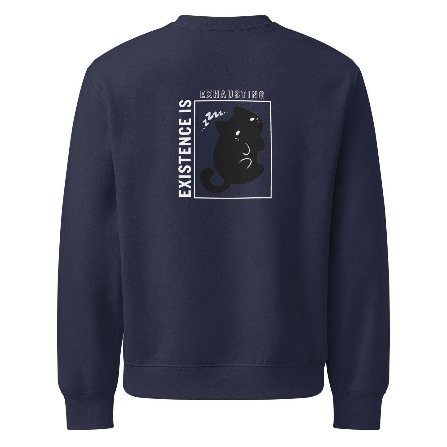 Navy blue sweatshirt with a graphic design on the back featuring text and a cat illustration.