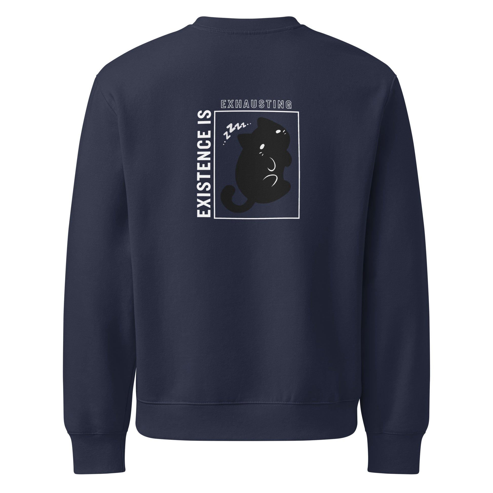 Navy blue sweatshirt with a graphic design on the back featuring text and a cat illustration.