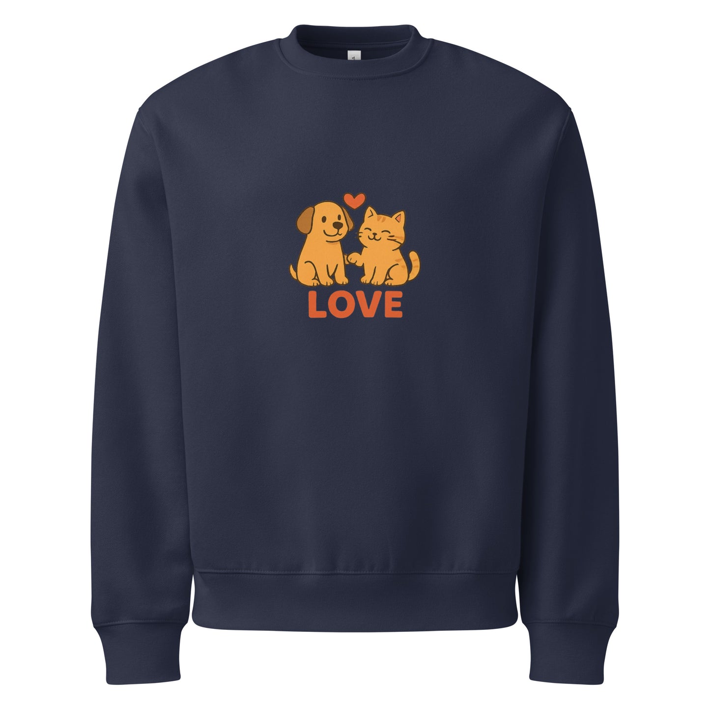 Navy blue sweatshirt with a dog and cat illustration and 'LOVE' text on a white background