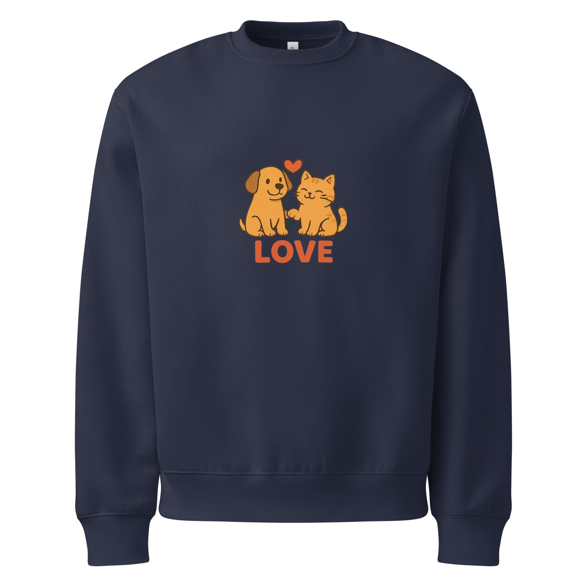 Navy blue sweatshirt with a dog and cat illustration and 'LOVE' text on a white background