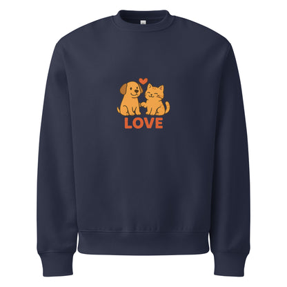 Navy blue sweatshirt with a dog and cat illustration and 'LOVE' text on a white background