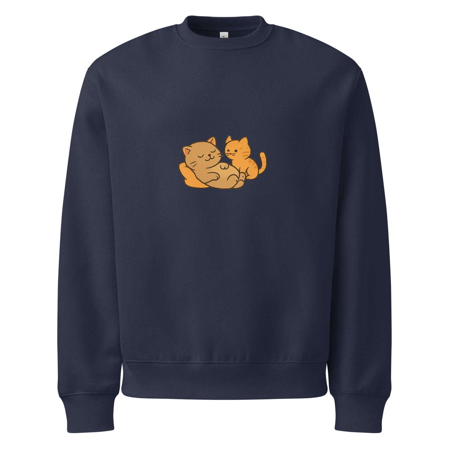 Navy blue sweatshirt with orange cat design on a white background