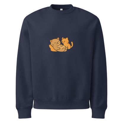 Navy blue sweatshirt with orange cat design on a white background