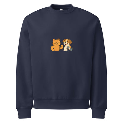 Navy blue sweatshirt with a cartoon cat and dog design on a white background