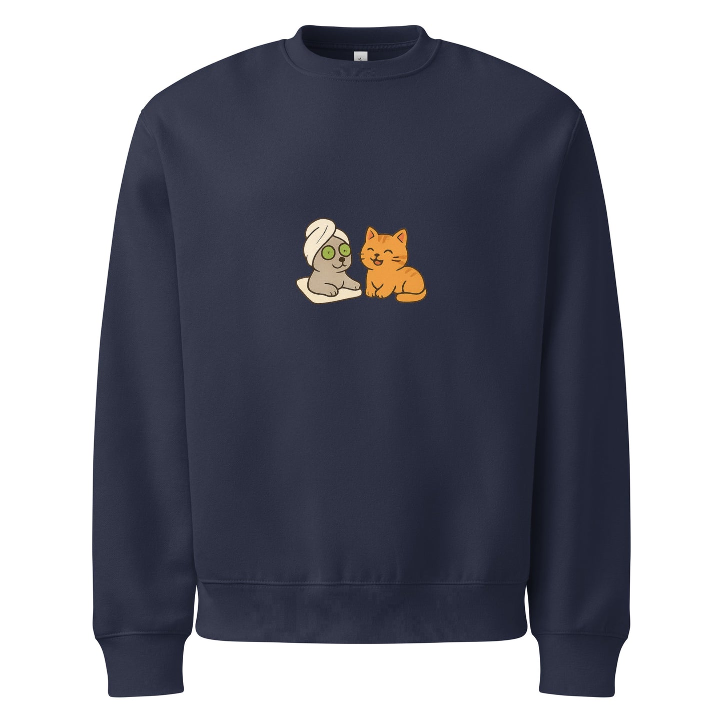 Navy blue sweatshirt with cartoon characters on a white background