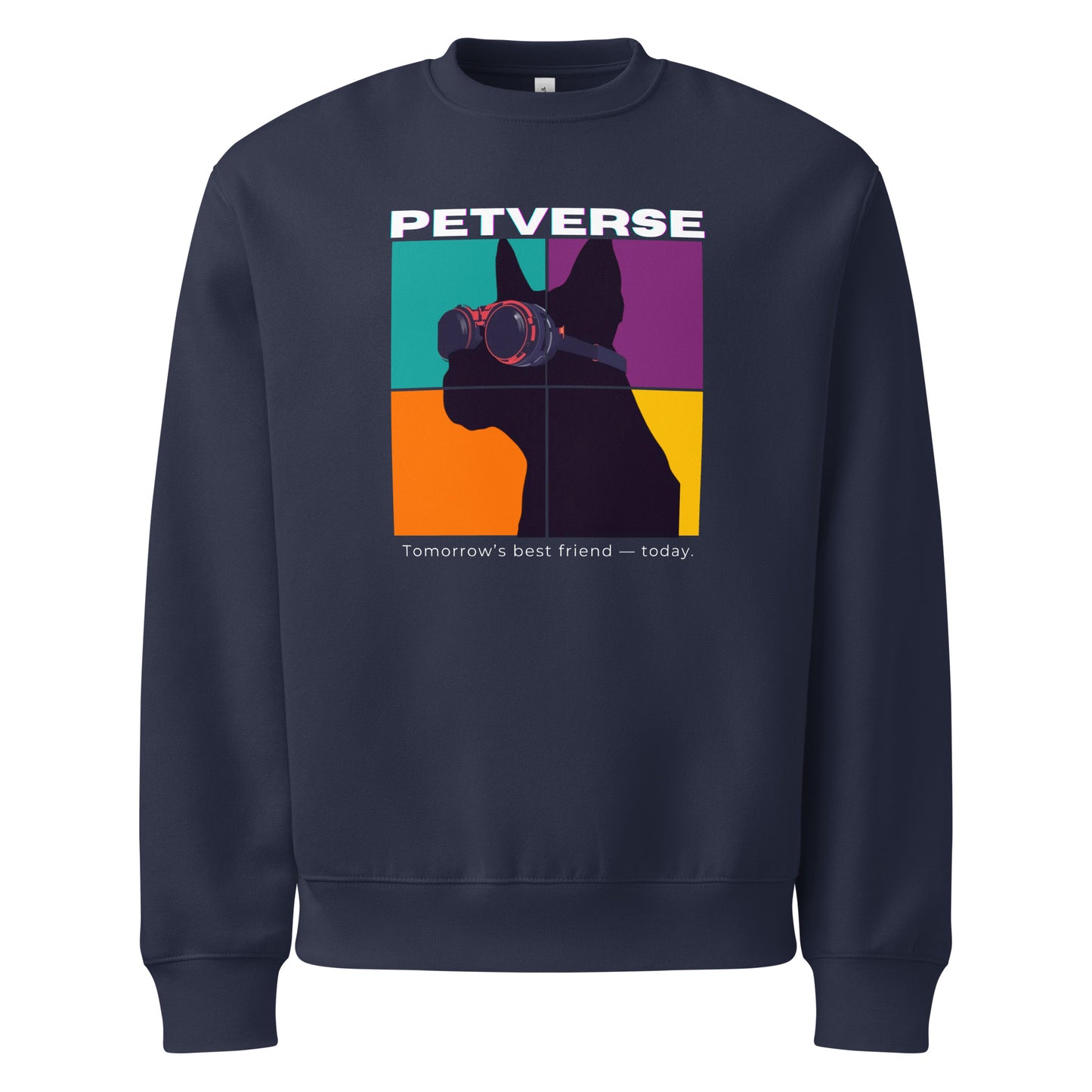 Navy blue sweatshirt with colorful graphic and 'PETVERSE' branding on a white background