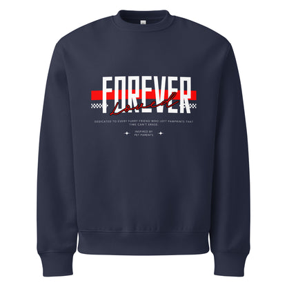 Navy blue sweatshirt with 'Forever Loved' text design on a white background