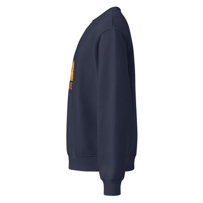 Navy blue sweatshirt with a logo on the sleeve against a white background