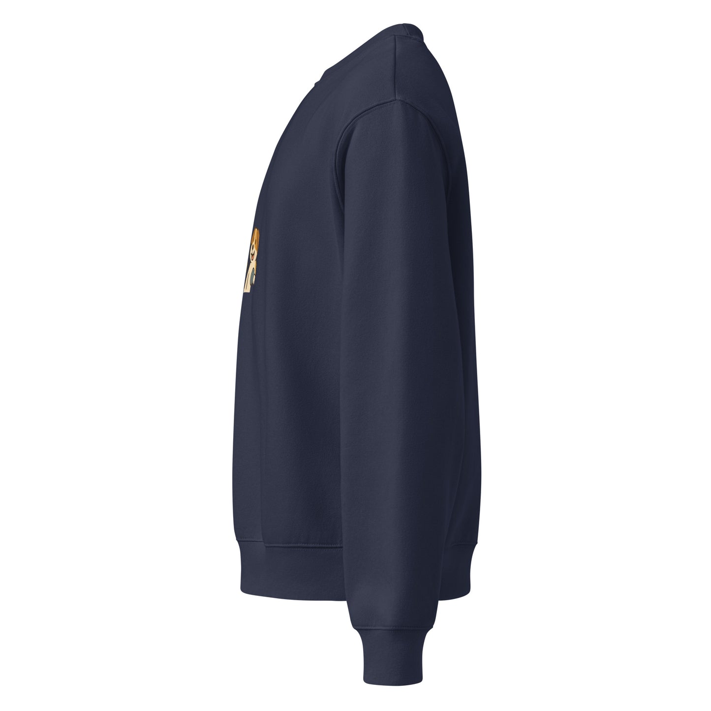 Navy blue sweatshirt with a patch on the sleeve against a white background