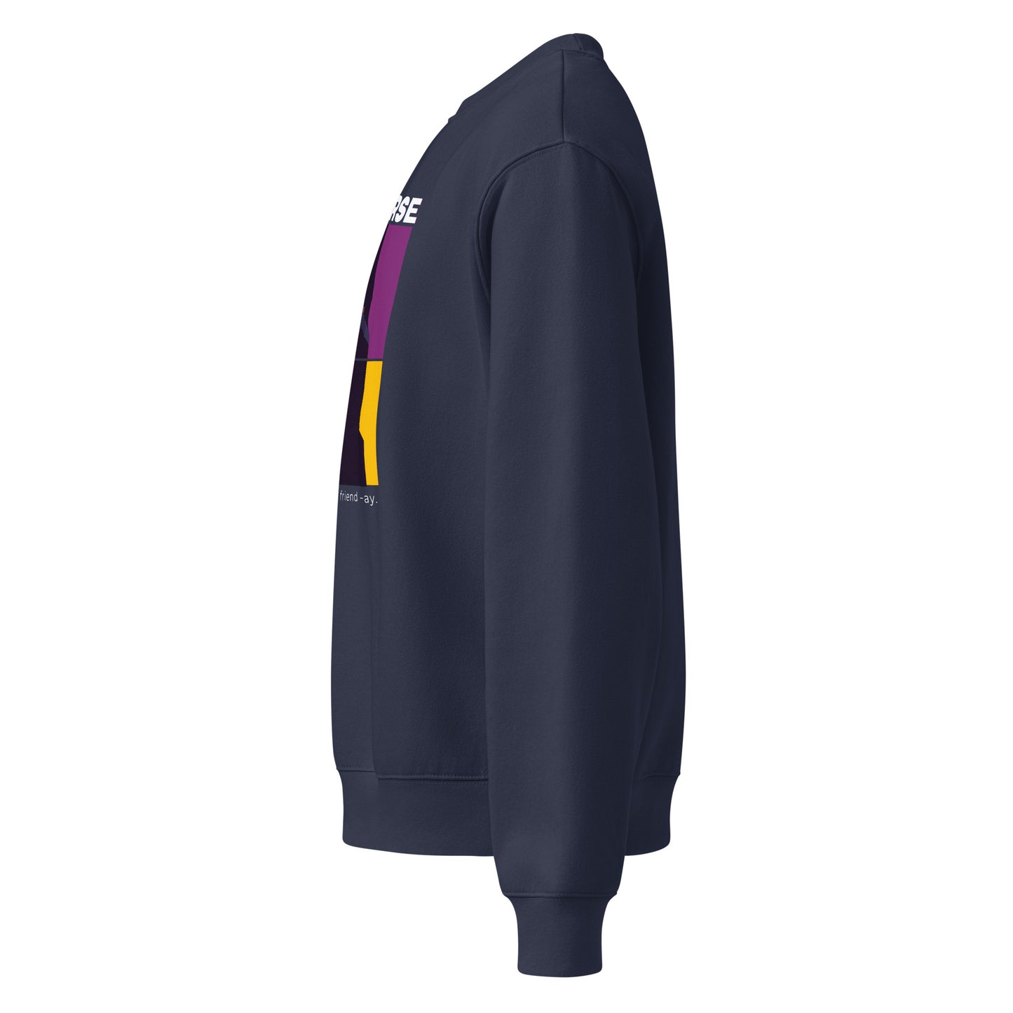 Navy blue sweatshirt with colorful patch on a white background
